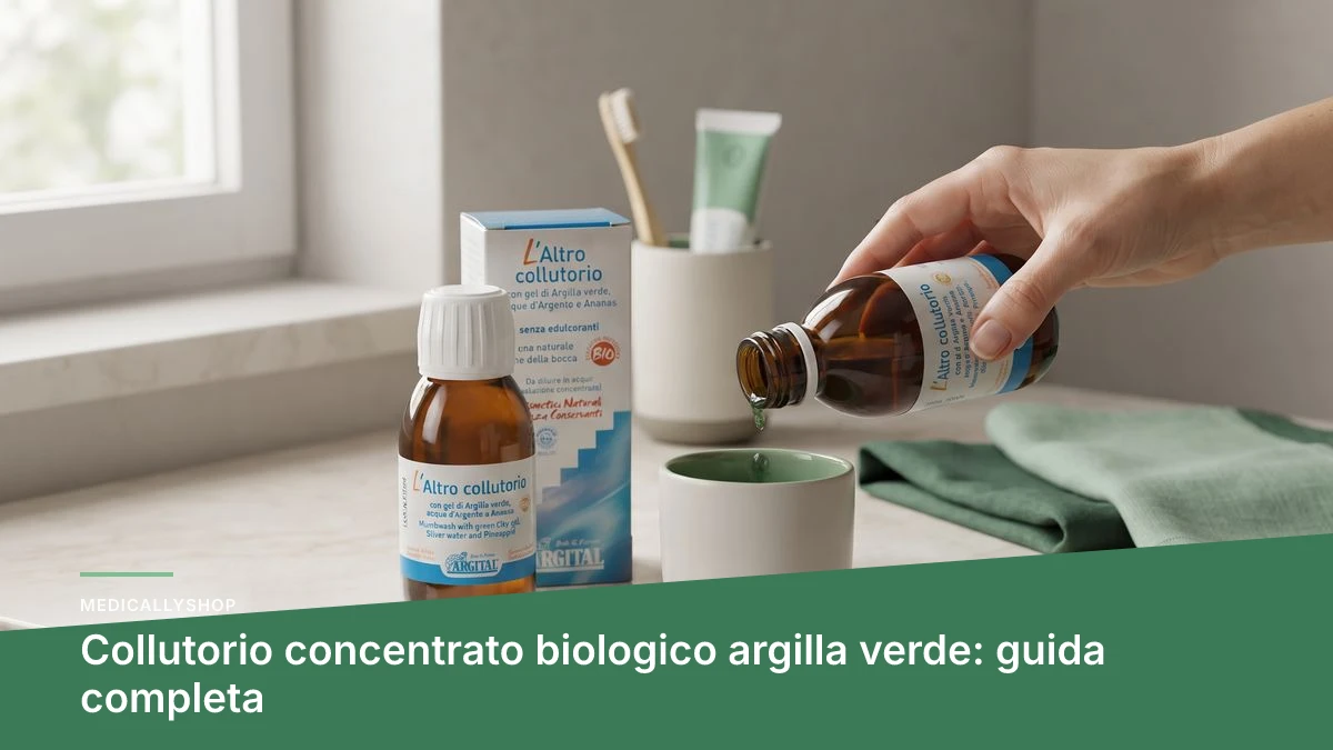 Flacone di collutorio concentrato biologico Argital con argilla verde e acqua d'argento su sfondo naturale