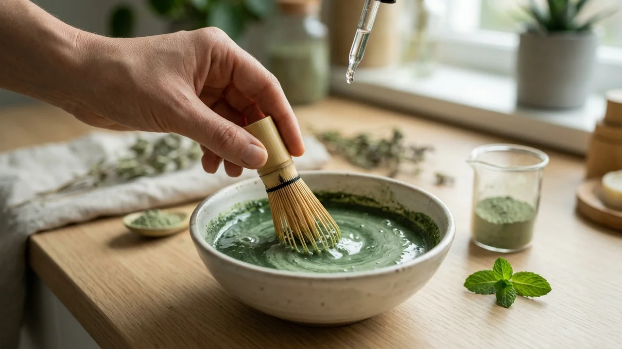 Routine di igiene orale naturale con collutorio biologico concentrato argilla verde: diluizione in bicchiere d'acqua tiepida