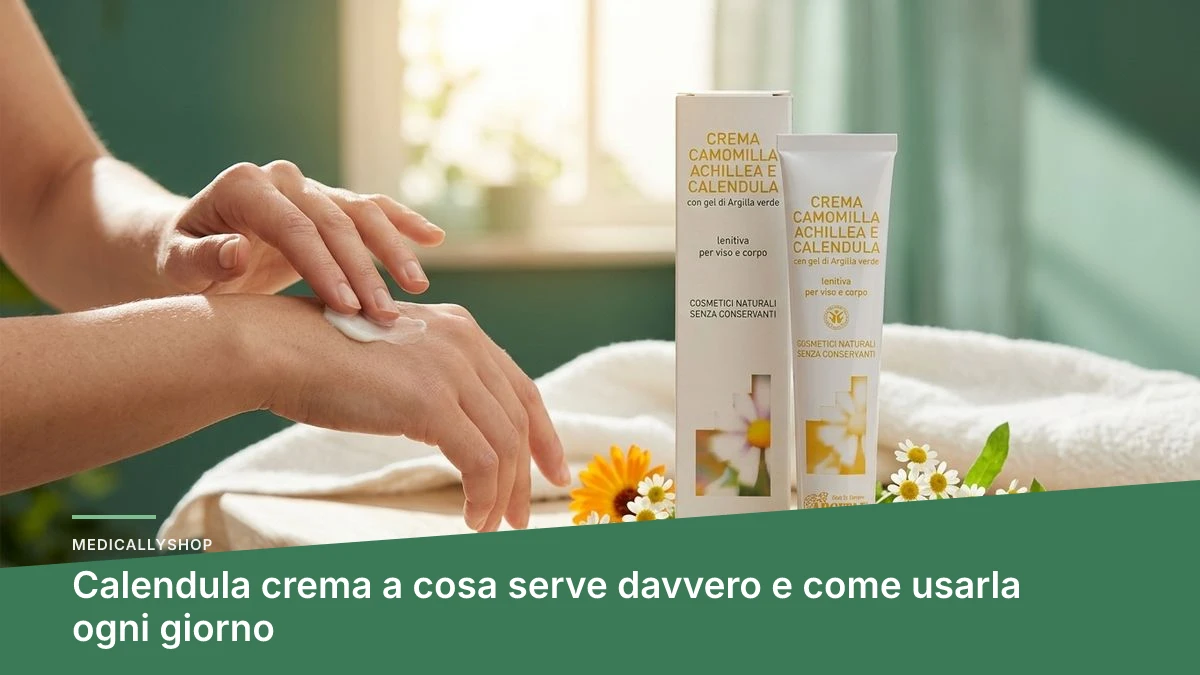 Vaso di crema alla calendula con fiori freschi di Calendula officinalis su sfondo naturale