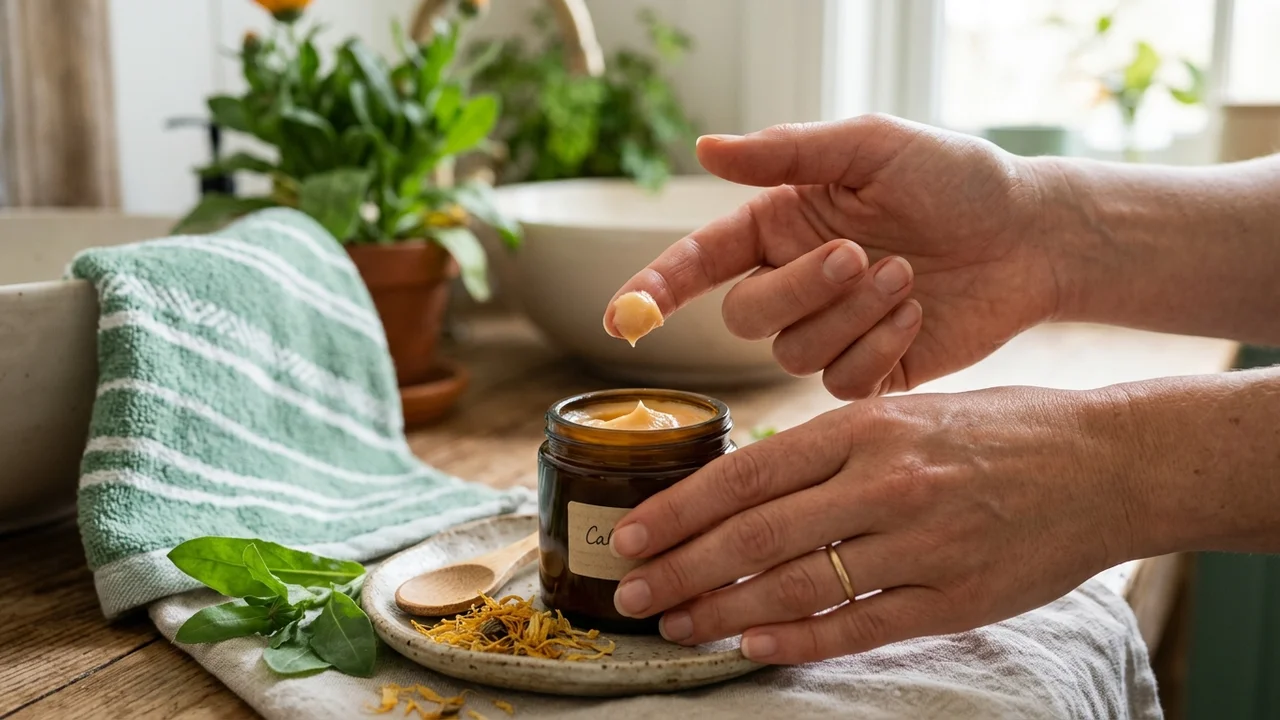 Donna che applica crema alla calendula sul viso durante la routine mattutina di cura della pelle