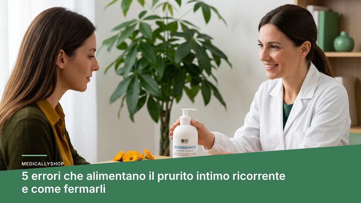 donna che tiene le mani sull'addome con espressione di fastidio, simbolo di prurito intimo ricorrente