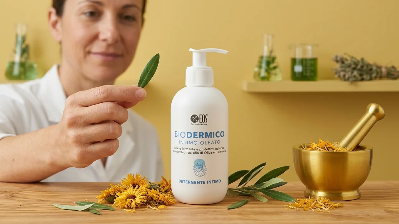 ingredienti naturali per igiene intima: aloe vera, calendula e inulina su sfondo chiaro