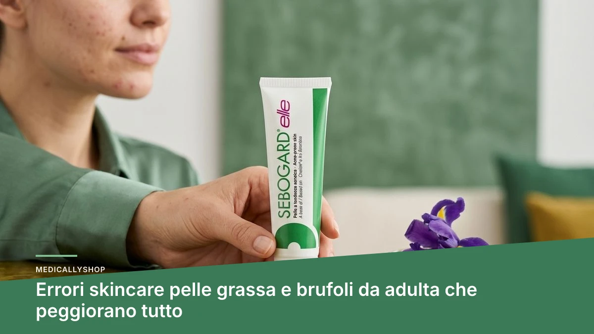 Donna adulta che esamina la propria pelle grassa con brufoli davanti allo specchio durante la routine skincare mattutina