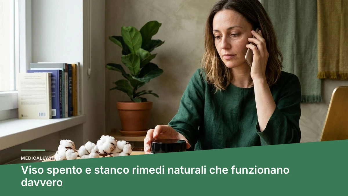 Donna che si guarda allo specchio con viso spento e stanco al mattino, alla ricerca di rimedi naturali per la luminosità