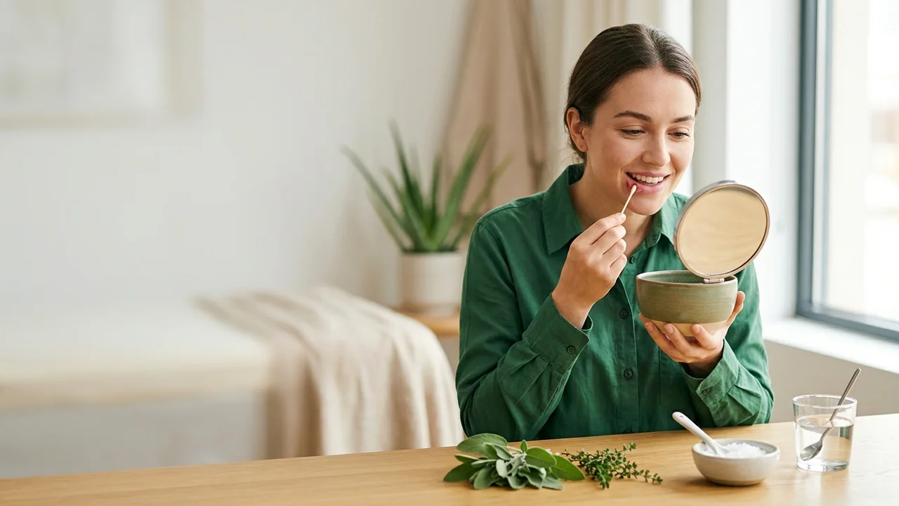 Ingredienti naturali per il trattamento delle afte: aloe vera, propoli e camomilla su sfondo bianco