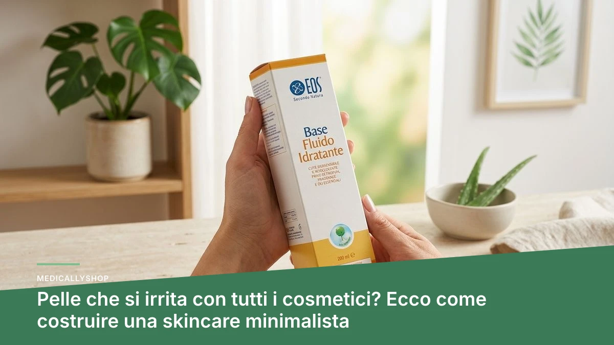 Donna che esamina la propria pelle arrossata allo specchio, con prodotti cosmetici sul ripiano del bagno