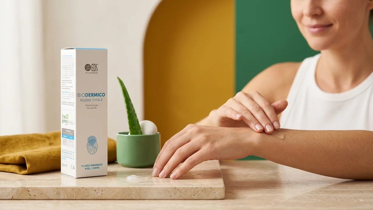 Tre prodotti skincare essenziali su un piano bianco: detergente delicato, crema idratante e filtro solare minerale
