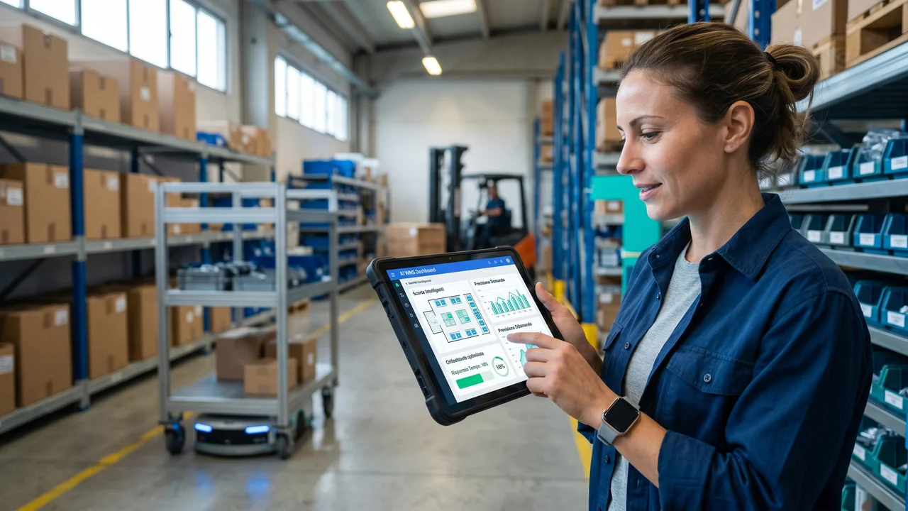 Operatore di magazzino PMI che utilizza un tablet con software AI per il controllo delle scorte