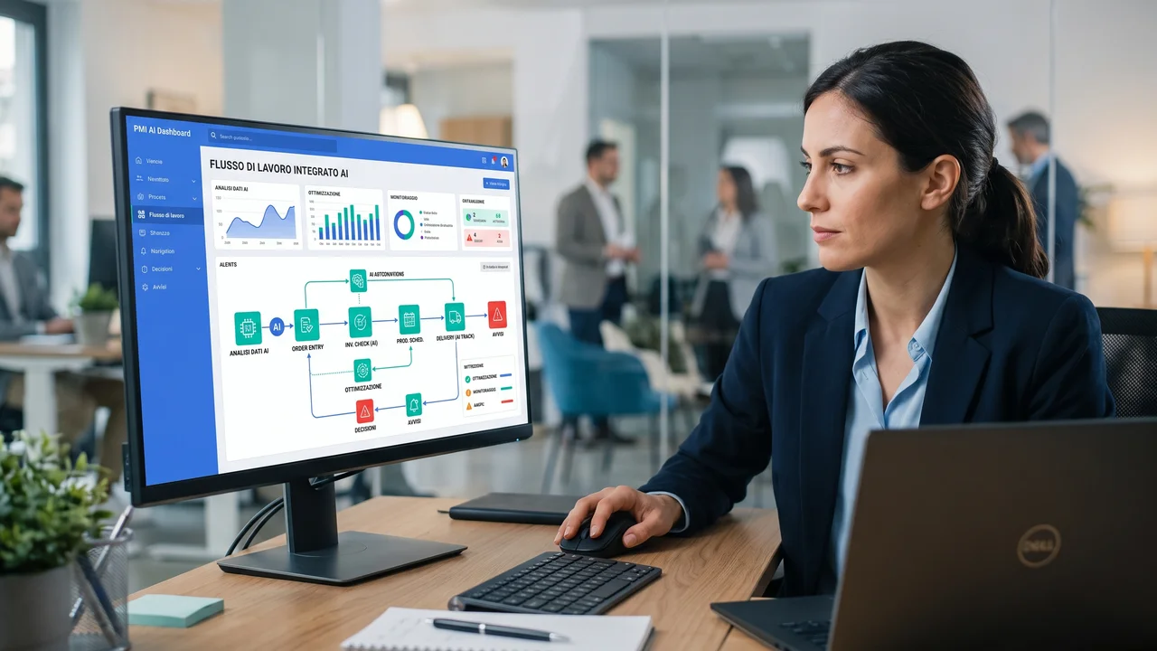 Team of an Italian SME analyzing data on an AI-ready management system during an operational meeting