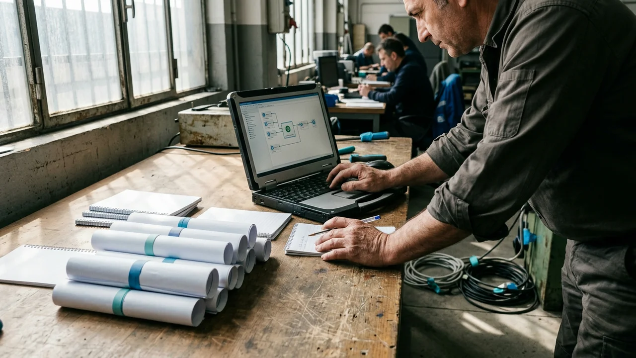 Team PMI che analizza un workflow aziendale su schermo con schema di processo automatizzato